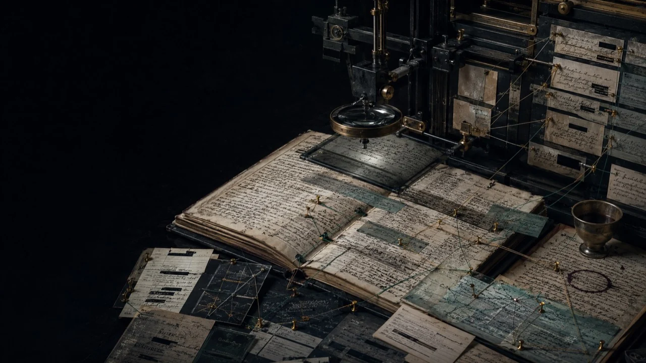 Dark archive apparatus examining an old handwritten parish ledger with linked evidence cards and a small communion cup.