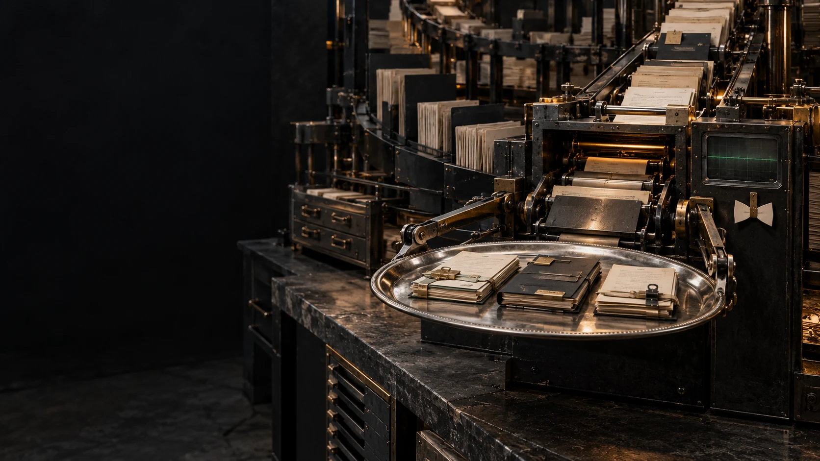 Mechanical administrative butler with a green diagnostic display, a vast document archive and a silver tray of review items.